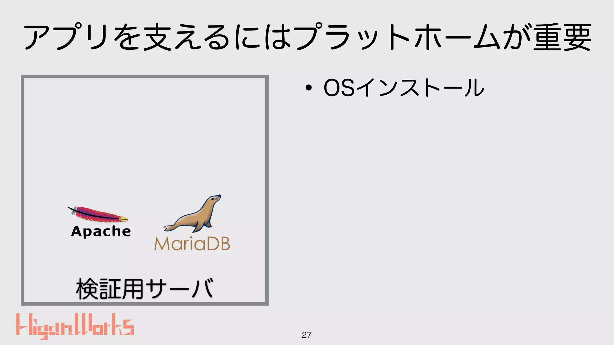 アプリを支えるにはプラットホームが重要
•OSインストール
27
検証用サーバ
 