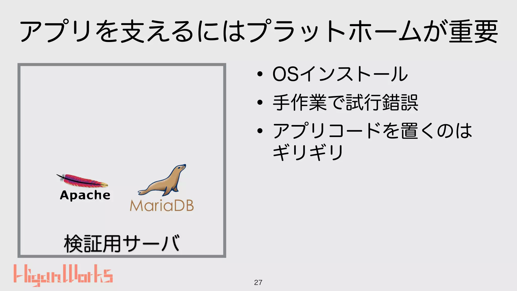 アプリを支えるにはプラットホームが重要
•OSインストール
•手作業で試行錯誤
•アプリコードを置くのは
ギリギリ
27
検証用サーバ
 