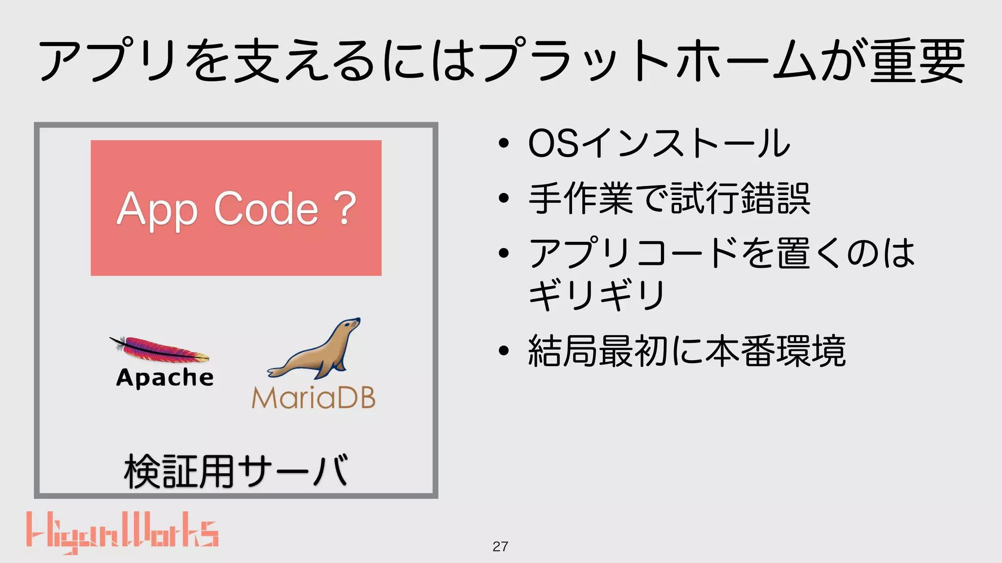 アプリを支えるにはプラットホームが重要
•OSインストール
•手作業で試行錯誤
•アプリコードを置くのは
ギリギリ
•結局最初に本番環境
27
検証用サーバ
App Code ?
 