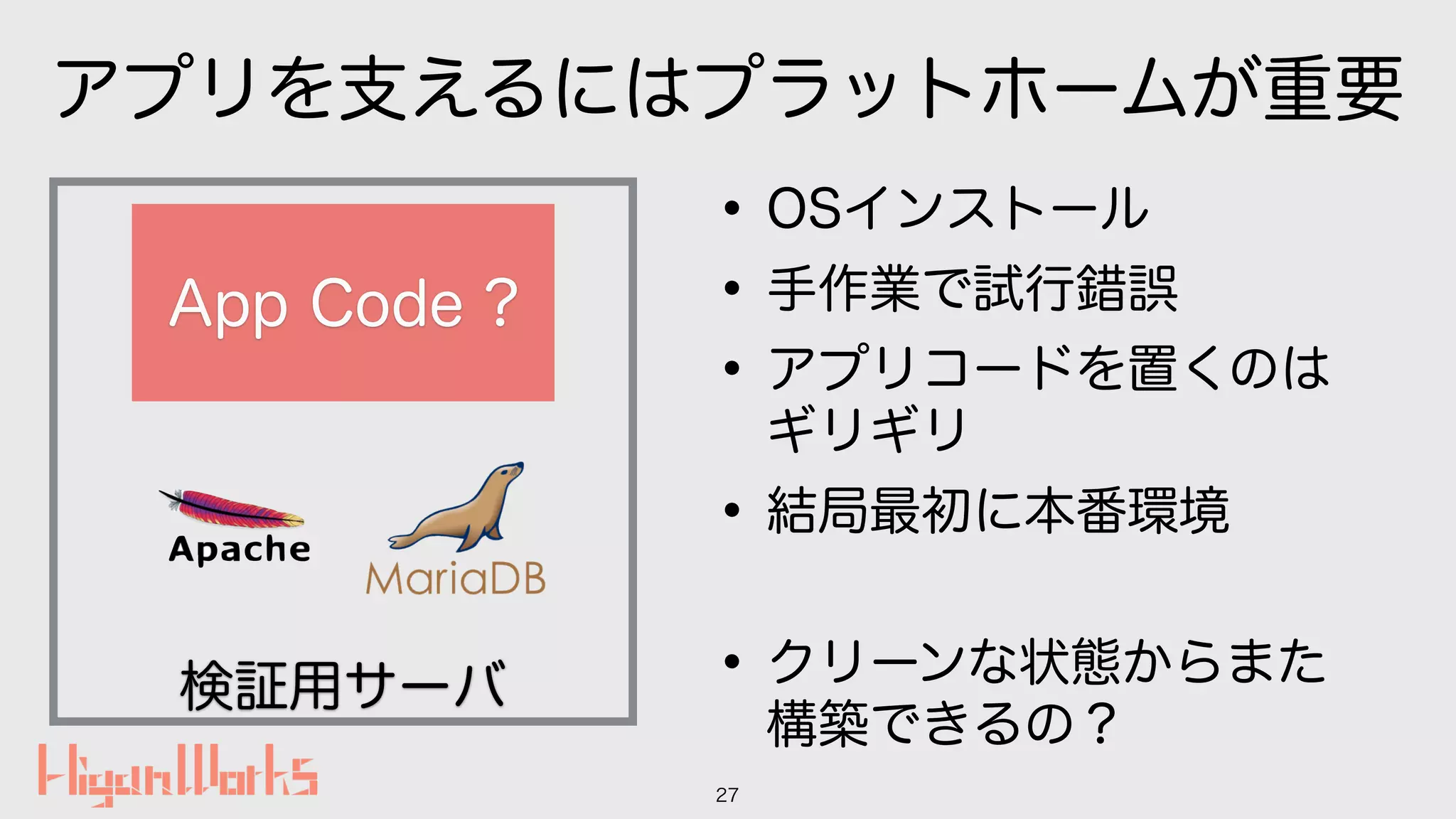 アプリを支えるにはプラットホームが重要
•OSインストール
•手作業で試行錯誤
•アプリコードを置くのは
ギリギリ
•結局最初に本番環境
27
検証用サーバ
App Code ?
•クリーンな状態からまた
構築できるの？
 