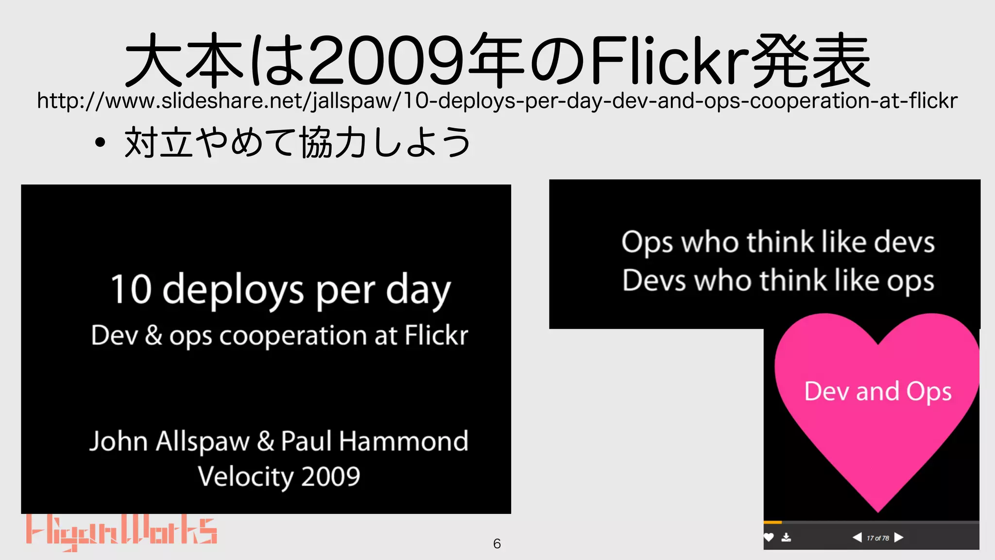 大本は2009年のFlickr発表
•対立やめて協力しよう
6
http://www.slideshare.net/jallspaw/10-deploys-per-day-dev-and-ops-cooperation-at-ﬂickr
 