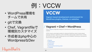 例：VCCW
•WordPress環境を 
チームで共有
•gitで交換
•Chef, Vagrantﬁleで 
環境別カスタマイズ
•作成者はphp中心の 
WordpressなDev
81
 