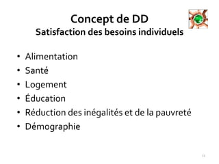 Concept de DD
Satisfaction des besoins individuels
• Alimentation
• Santé
• Logement
• Éducation
• Réduction des inégalités et de la pauvreté
• Démographie
11
 