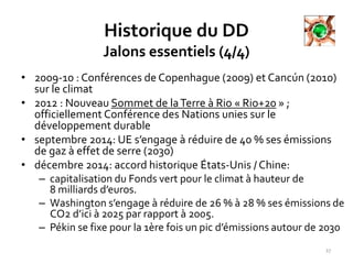 Historique du DD
Jalons essentiels (4/4)
• 2009-10 : Conférences de Copenhague (2009) et Cancún (2010)
sur le climat
• 2012 : Nouveau Sommet de laTerre à Rio « Rio+20 » ;
officiellement Conférence des Nations unies sur le
développement durable
• septembre 2014: UE s’engage à réduire de 40 % ses émissions
de gaz à effet de serre (2030)
• décembre 2014: accord historique États-Unis / Chine:
– capitalisation du Fonds vert pour le climat à hauteur de
8 milliards d’euros.
– Washington s’engage à réduire de 26 % à 28 % ses émissions de
CO2 d’ici à 2025 par rapport à 2005.
– Pékin se fixe pour la 1ère fois un pic d’émissions autour de 2030
27
 
