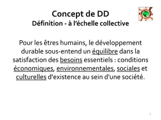 Concept de DD
Définition - à l’échelle collective
Pour les êtres humains, le développement
durable sous-entend un équilibre dans la
satisfaction des besoins essentiels : conditions
économiques, environnementales, sociales et
culturelles d'existence au sein d'une société.
5
 