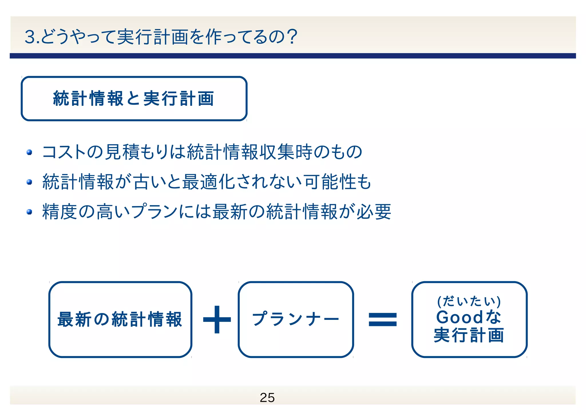 　 26 3.どうやって実行計画を作ってるの？ 統計情報は事前に収集した情報 表の行数 行サイズの平均 相関 値の分布(ヒストグラム) 等 ANALYZE 表名; で取得 autovacuumでも取得 