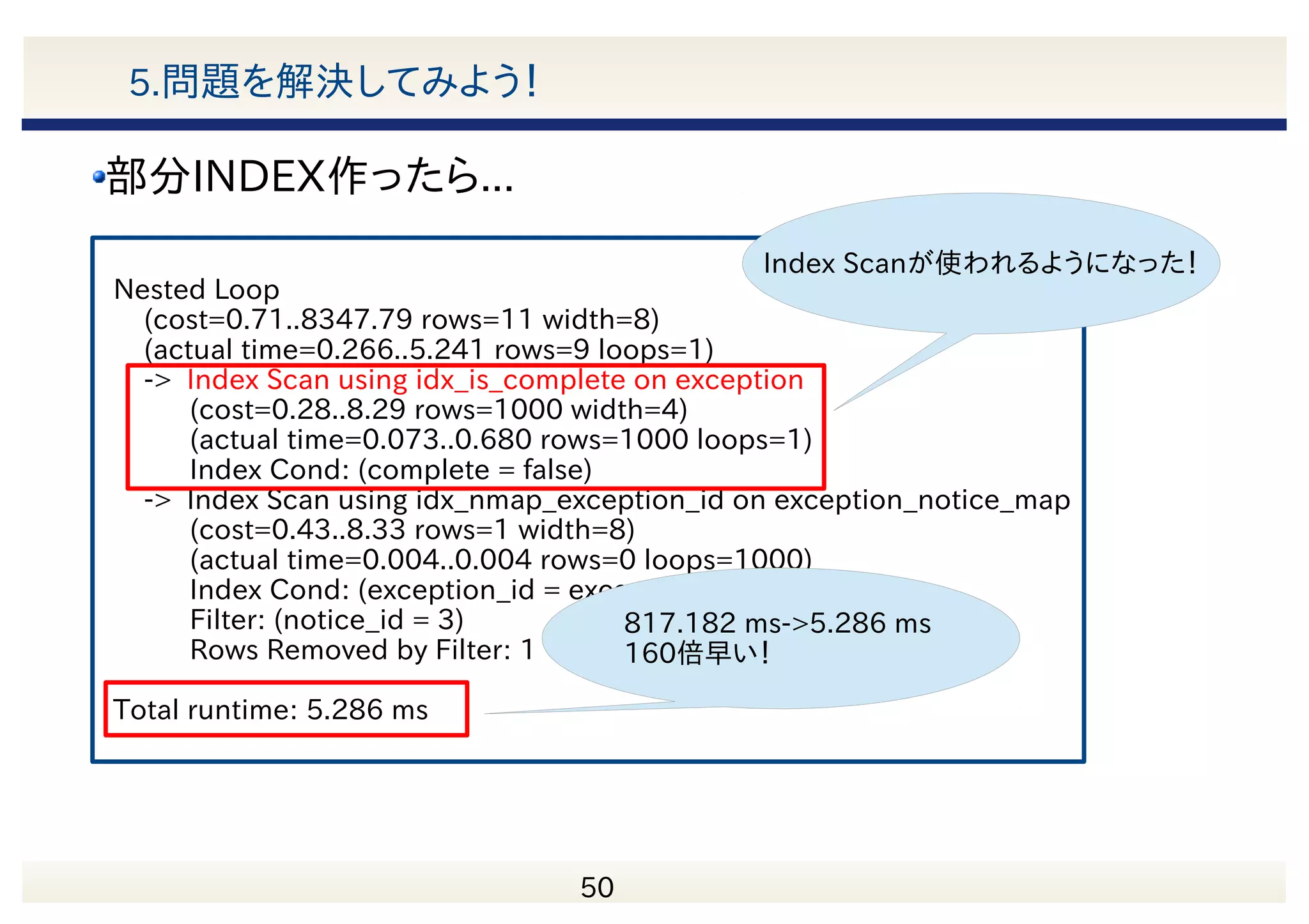 　 51 5.問題を解決してみよう！ 条件を満たす行のみを保持するインデックス 頻出値にインデックスを付けずに済むため インデックスのサイズが小さい インデックスの更新処理が発生しにくいので 更新パフォーマンスが有利 部分インデックって？ 