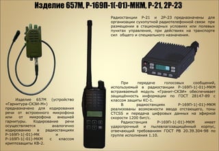 Изделие 657М (устройство
«Гарнитура-СКЗИ-М»)
предназначено для кодирования
речи от встроенного микрофона
или от микрофона внешней
гарнитуры. Кодирование речи
осуществляется аналогично
кодированию в радиостанциях
Р-169П-1(-01)-МК и
Р-169П-1(-01)-МКМ с классом
криптозащиты КВ-2.
Изделие 657М, Р-169П-1(-01)-МКМ, Р-21, 2Р-23
При передаче голосовых сообщений,
используемый в радиостанции Р-169П-1(-01)-МКМ
встраиваемый модуль «Гранит-СКЗИ» обеспечивает
защищённость информации по ГОСТ 28147-89 с
классом защиты КС-1.
В радиостанциях Р-169П-1(-01)-МКМ
реализованы возможности ввода отстающего, тоны
CTCSS и передача цифровых данных на эфирной
скорости 1200 бит/с.
Радиостанция Р-169П-1(-01)-МКМ имеет
ударопрочный и пылевлагозащищённый корпус,
отвечающий требованиям ГОСТ РВ 20.39.304-98 по
группе исполнения 1.10.
Радиостанции Р-21 и 2Р-23 предназначены для
организации сухопутной радиотелефонной связи при
размещении в стационарных условиях или полевых
пунктах управления, при действиях на транспорте
сил общего и специального назначения.
 