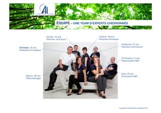 ÉQUIPE – UNE TEAM D’EXPERTS CHEVRONNÉS
Guillaume, 37 ans
Directeur Commercial
Iuliia, 26 ans
Doctorante R&D 
Christophe, 41 ans
Responsable R&D 
Pauline, 33 ans
Business Developer
Sylvain, 44 ans
Directeur Technique
Christian, 49 ans
Président & Fondateur
Marion, 38 ans
Oﬃce Manager
Copyright Authentication Industries 2015
 