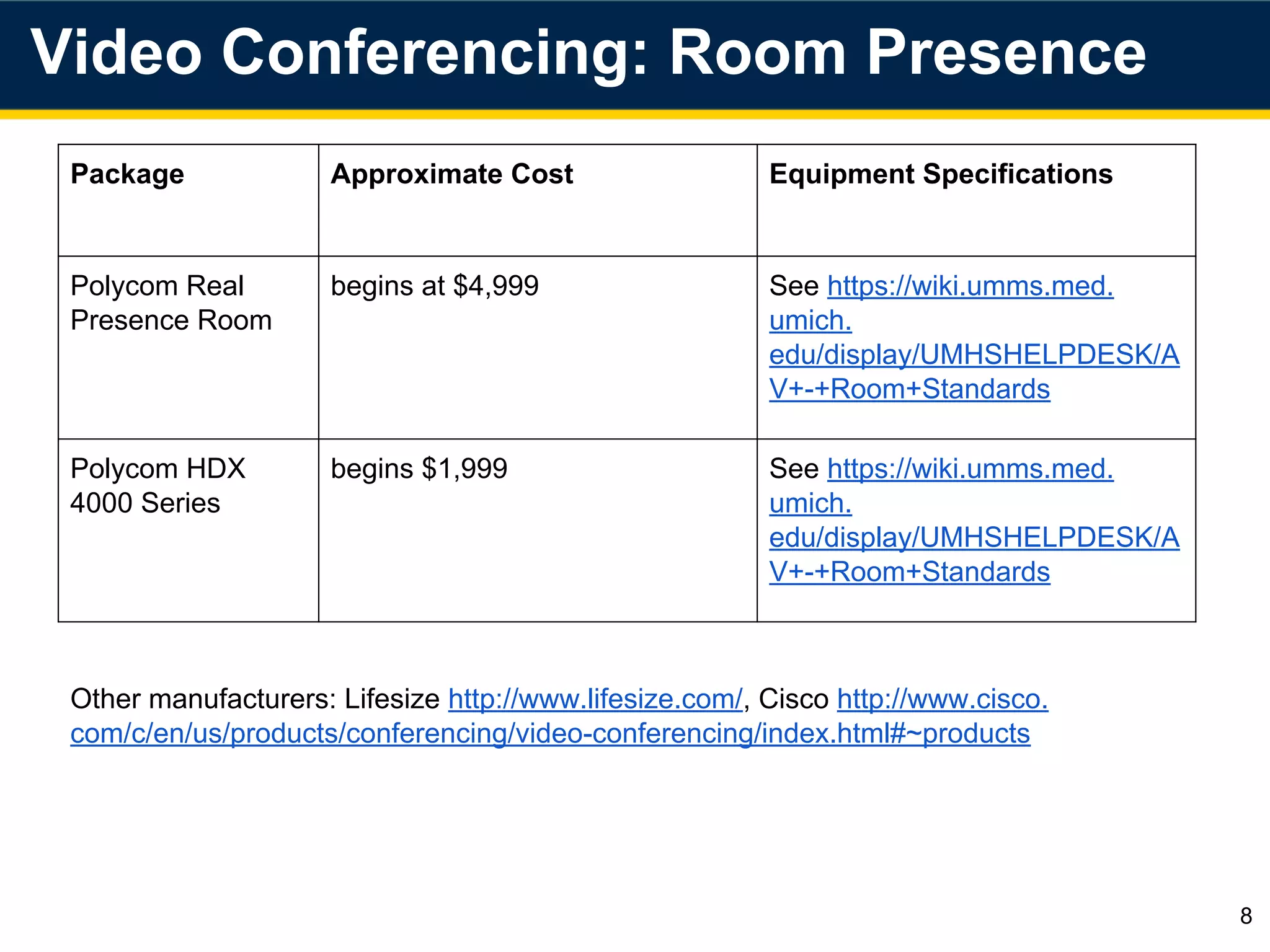 Package Approximate Cost Equipment Specifications
Polycom Real
Presence Room
begins at $4,999 See https://wiki.umms.med.
umich.
edu/display/UMHSHELPDESK/A
V+-+Room+Standards
Polycom HDX
4000 Series
begins $1,999 See https://wiki.umms.med.
umich.
edu/display/UMHSHELPDESK/A
V+-+Room+Standards
8
Video Conferencing: Room Presence
Other manufacturers: Lifesize http://www.lifesize.com/, Cisco http://www.cisco.
com/c/en/us/products/conferencing/video-conferencing/index.html#~products
 