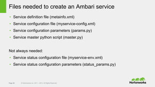 Page 26 © Hortonworks Inc. 2011 – 2014. All Rights Reserved
Files needed to create an Ambari service
• Service definition file (metainfo.xml)
• Service configuration file (myservice-config.xml)
• Service configuration parameters (params.py)
• Service master python script (master.py)
Not always needed:
• Service status configuration file (myservice-env.xml)
• Service status configuration parameters (status_params.py)
 