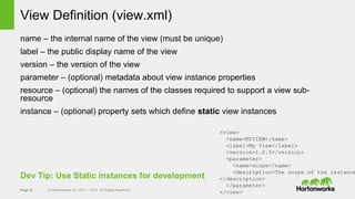Page 47 © Hortonworks Inc. 2011 – 2014. All Rights Reserved
View Definition (view.xml)
name – the internal name of the view (must be unique)
label – the public display name of the view
version – the version of the view
parameter – (optional) metadata about view instance properties
resource – (optional) the names of the classes required to support a view sub-
resource
instance – (optional) property sets which define static view instances
<view>
<name>MYVIEW</name>
<label>My View</label>
<version>1.0.0</version>
<parameter>
<name>scope</name>
<description>The scope of the instance
</description>
</parameter>
</view>
Dev Tip: Use Static instances for development
 