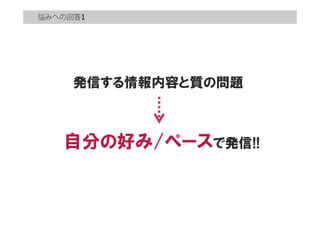 悩みへの回答
発信する情報内容と質の問題
自分の好み/ペースで発信!!
 