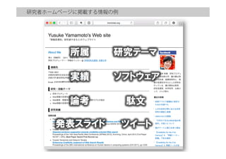 研究者ホームページに掲載する情報の例
所属
実績
研究テーマ
論考
発表スライド
ソフトウェア
駄文
ツイート
 