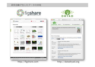 研究活動で生じたデータの共有
http://datadryad.orghttp://figshare.com
 