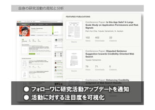 自身の研究活動の周知と分析
●  フォローワに研究活動アップデートを通知
●  活動に対する注目度を可視化
 