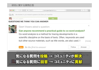 研究に関する質問応答
気になる質問を投稿  →  コミュニティが解決
気になる質問に回答  →  コミュニティに貢献
 