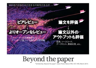 研究者の評価方法が改まる可能性がある
“Scholarship:  Beyond  the  paper”,  Jason  Priem,  Nature  495,  437–440,  March  2013
ピアレビュー
↓
よりオープンなレビュー
論文を評価
↓
論文以外の
アウトプットも評価
図表、ソースコード、
データセット、質疑応答,  etc..
レビューアーは成果物を見た人。
ダウンロード数、いいね数などの評価軸
 