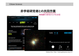 非学術研究者との共同作業
Galaxy  Zoo:  http://www.galaxyzoo.org/より
無報酬で研究タスクを分担
 