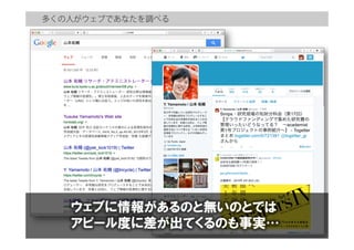 多くの人がウェブであなたを調べる
ウェブに情報があるのと無いのとでは
アピール度に差が出てくるのも事実…
 