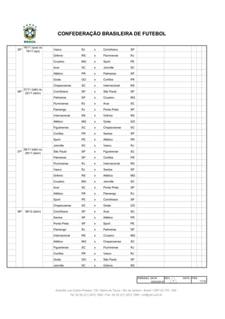 344 35ª Vasco RJ x Corinthians SP São Januário Rio de Janeiro
345 35ª Grêmio RS x Fluminense RJ Arena do Grêmio Porto Alegre
346 35ª Cruzeiro MG x Sport PE Mineirão Belo Horizonte
347 35ª Avaí SC x Joinville SC Ressacada Florianópolis
348 35ª Atlético PR x Palmeiras SP Arena da Baixada Curitiba
349 35ª Goiás GO x Coritiba PR Serra Dourada Goiânia
350 35ª Chapecoense SC x Internacional RS Arena Condá Chapecó
351 36ª Corinthians SP x São Paulo SP Arena Corinthians São Paulo
352 36ª Palmeiras SP x Cruzeiro MG Allianz Parque São Paulo
353 36ª Fluminense RJ x Avaí SC Maracanã Rio de Janeiro
354 36ª Flamengo RJ x Ponte Preta SP Maracanã Rio de Janeiro
355 36ª Internacional RS x Grêmio RS Beira-Rio Porto Alegre
356 36ª Atlético MG x Goiás GO Independência Belo Horizonte
357 36ª Figueirense SC x Chapecoense SC Orlando Scarpelli Florianópolis
358 36ª Coritiba PR x Santos SP Couto Pereira Curitiba
359 36ª Sport PE x Atlético PR Ilha do Retiro Recife
360 36ª Joinville SC x Vasco RJ Arena Joinville Joinville
361 37ª São Paulo SP x Figueirense SC Morumbi São Paulo
362 37ª Palmeiras SP x Coritiba PR Allianz Parque São Paulo
363 37ª Fluminense RJ x Internacional RS Maracanã Rio de Janeiro
364 37ª Vasco RJ x Santos SP São Januário Rio de Janeiro
365 37ª Grêmio RS x Atlético MG Arena do Grêmio Porto Alegre
366 37ª Cruzeiro MG x Joinville SC Mineirão Belo Horizonte
367 37ª Avaí SC x Ponte Preta SP Ressacada Florianópolis
368 37ª Atlético PR x Flamengo RJ Arena da Baixada Curitiba
369 37ª Sport PE x Corinthians SP Ilha do Retiro Recife
370 37ª Chapecoense SC x Goiás GO Arena Condá Chapecó
371 38ª Corinthians SP x Avaí SC Arena Corinthians São Paulo
372 38ª 6/12 Dom Santos SP x Atlético PR Vila Belmiro São Paulo
373 38ª 6/12 Dom Ponte Preta SP x Sport PE Moisés Lucarelli Campinas
374 38ª 6/12 Dom Flamengo RJ x Palmeiras SP Maracanã Rio de Janeiro
375 38ª 6/12 Dom Internacional RS x Cruzeiro MG Beira-Rio Porto Alegre
376 38ª 6/12 Dom Atlético MG x Chapecoense SC Independência Belo Horizonte
377 38ª 6/12 Dom Figueirense SC x Fluminense RJ Orlando Scarpelli Florianópolis
378 38ª 6/12 Dom Coritiba PR x Vasco RJ Couto Pereira Curitiba
379 38ª 6/12 Dom Goiás GO x São Paulo SP Serra Dourada Goiânia
380 38ª 6/12 Dom Joinville SC x Grêmio RS Arena Joinville Joinville
EMISSAO DATA REV. DATA PÁG
02/03/2015
18/11 (qua) ou
19/11 (qui)
CONFEDERAÇÃO BRASILEIRA DE FUTEBOL
Avenida Luiz Carlos Prestes, 130 • Barra da Tijuca • Rio de Janeiro • Brasil • CEP 22.775 - 055
Tel: 00 55 (21) 3572 1900 • Fax: 00 55 (21) 3572 1990 • cbf@cbf.com.br
06/12 (dom)
21/11 (sáb) ou
22/11 (dom)
28/11 (sáb) ou
29/11 (dom)
11/1230
 