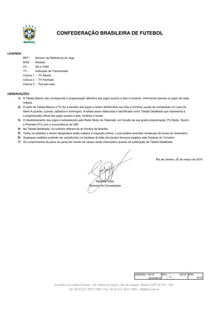 REF - Número de Referência do Jogo
ROD - Rodada
I/V - Ida e Volta
TV - Indicação de Transmissão
1)
2)
3)
4)
5)
6)
7)
EMISSAO DATA REV. DATA PÁG
02/03/2015
CONFEDERAÇÃO BRASILEIRA DE FUTEBOL
Os cumprimentos de pena de perda de mando de campo serão informados quando da publicação da Tabela Detalhada.
Tel: 00 55 (21) 3572 1900 • Fax: 00 55 (21) 3572 1990 • cbf@cbf.com.br
Rio de Janeiro, 02 de março de 2015
Avenida Luiz Carlos Prestes, 130 • Barra da Tijuca • Rio de Janeiro • Brasil • CEP 22.775 - 055
Manoel Flores
Diretoria de Competições
A partir da Tabela Básica a TV faz a escolha dos jogos a serem distribuídos nos dias e horários usuais da competição (no caso da
LEGENDA
Coluna 1 - TV Aberta
Coluna 2 - TV Fechada
a programação oficial dos jogos quanto a dias, horários e locais.
O desdobramento dos jogos é estabelecido pela Rede Globo de Televisão, em função da sua grade programação (TV Globo, Sportv
e Premiere FC) com a concordância da CBF.
Na Tabela Detalhada, os horários referem-se ao Horário de Brasília.
Todos os estádios a serem designados estão sujeitos a inspeção prévia, o que poderá acarretar mudanças de locais se necessário.
Coluna 3 - Pay-per-view
OBSERVAÇÕES
A Tabela Básica não corresponde a programação definitiva dos jogos quanto a dias e horários, informando apenas os jogos de cada
rodada.
Quaisquer estádios poderão ser substituídos na hipótese da falta dos laudos técnicos exigidos pelo Estatuto do Torcedor.
12/12
Série A,quartas, quintas, sábados e domingos). A tabela assim elaborada é identificada como Tabela Detalhada que representa a
30
 
