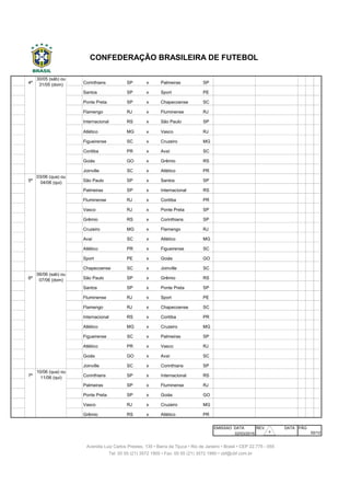 031 4ª Corinthians SP x Palmeiras SP Arena Corinthians São Paulo
032 4ª Santos SP x Sport PE Vila Belmiro São Paulo
033 4ª Ponte Preta SP x Chapecoense SC Moisés Lucarelli Campinas
034 4ª Flamengo RJ x Fluminense RJ Maracanã Rio de Janeiro
035 4ª Internacional RS x São Paulo SP Beira-Rio Porto Alegre
036 4ª Atlético MG x Vasco RJ Independência Belo Horizonte
037 4ª Figueirense SC x Cruzeiro MG Orlando Scarpelli Florianópolis
038 4ª Coritiba PR x Avaí SC Couto Pereira Curitiba
039 4ª Goiás GO x Grêmio RS Serra Dourada Goiânia
040 4ª Joinville SC x Atlético PR Arena Joinville Joinville
041 5ª São Paulo SP x Santos SP Morumbi São Paulo
042 5ª Palmeiras SP x Internacional RS Allianz Parque São Paulo
043 5ª Fluminense RJ x Coritiba PR Maracanã Rio de Janeiro
044 5ª Vasco RJ x Ponte Preta SP São Januário Rio de Janeiro
045 5ª Grêmio RS x Corinthians SP Arena do Grêmio Porto Alegre
046 5ª Cruzeiro MG x Flamengo RJ Mineirão Belo Horizonte
047 5ª Avaí SC x Atlético MG Ressacada Florianópolis
048 5ª Atlético PR x Figueirense SC Arena da Baixada Curitiba
049 5ª Sport PE x Goiás GO Ilha do Retiro Recife
050 5ª Chapecoense SC x Joinville SC Arena Condá Chapecó
051 6ª São Paulo SP x Grêmio RS Morumbi São Paulo
052 6ª Santos SP x Ponte Preta SP Vila Belmiro São Paulo
053 6ª Fluminense RJ x Sport PE Maracanã Rio de Janeiro
054 6ª Flamengo RJ x Chapecoense SC Maracanã Rio de Janeiro
055 6ª Internacional RS x Coritiba PR Beira-Rio Porto Alegre
056 6ª Atlético MG x Cruzeiro MG Independência Belo Horizonte
057 6ª Figueirense SC x Palmeiras SP Orlando Scarpelli Florianópolis
058 6ª Atlético PR x Vasco RJ Arena da Baixada Curitiba
059 6ª Goiás GO x Avaí SC Serra Dourada Goiânia
060 6ª Joinville SC x Corinthians SP Arena Joinville Joinville
061 7ª Corinthians SP x Internacional RS Arena Corinthians São Paulo
062 7ª Palmeiras SP x Fluminense RJ Allianz Parque São Paulo
063 7ª Ponte Preta SP x Goiás GO Moisés Lucarelli Campinas
064 7ª Vasco RJ x Cruzeiro MG São Januário Rio de Janeiro
065 7ª Grêmio RS x Atlético PR Arena do Grêmio Porto Alegre
EMISSAO DATA REV. DATA PÁG
02/03/2015
CONFEDERAÇÃO BRASILEIRA DE FUTEBOL
Avenida Luiz Carlos Prestes, 130 • Barra da Tijuca • Rio de Janeiro • Brasil • CEP 22.775 - 055
Tel: 00 55 (21) 3572 1900 • Fax: 00 55 (21) 3572 1990 • cbf@cbf.com.br
02/12
10/06 (qua) ou
11/06 (qui)
06/06 (sab) ou
07/06 (dom)
30/05 (sáb) ou
31/05 (dom)
03/06 (qua) ou
04/06 (qui)
30
 
