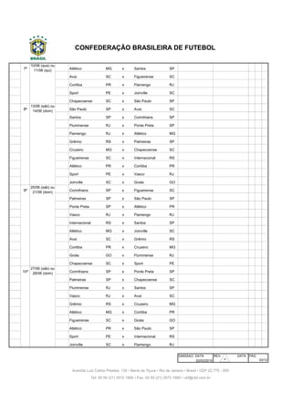 066 7ª Atlético MG x Santos SP Independência Belo Horizonte
067 7ª Avaí SC x Figueirense SC Ressacada Florianópolis
068 7ª Coritiba PR x Flamengo RJ Couto Pereira Curitiba
069 7ª Sport PE x Joinville SC Ilha do Retiro Recife
070 7ª Chapecoense SC x São Paulo SP Arena Condá Chapecó
071 8ª São Paulo SP x Avaí SC Morumbi São Paulo
072 8ª Santos SP x Corinthians SP Vila Belmiro São Paulo
073 8ª Fluminense RJ x Ponte Preta SP Maracanã Rio de Janeiro
074 8ª Flamengo RJ x Atlético MG Maracanã Rio de Janeiro
075 8ª Grêmio RS x Palmeiras SP Arena do Grêmio Porto Alegre
076 8ª Cruzeiro MG x Chapecoense SC Mineirão Belo Horizonte
077 8ª Figueirense SC x Internacional RS Orlando Scarpelli Florianópolis
078 8ª Atlético PR x Coritiba PR Arena da Baixada Curitiba
079 8ª Sport PE x Vasco RJ Ilha do Retiro Recife
080 8ª Joinville SC x Goiás GO Arena Joinville Joinville
081 9ª Corinthians SP x Figueirense SC Arena Corinthians São Paulo
082 9ª Palmeiras SP x São Paulo SP Allianz Parque São Paulo
083 9ª Ponte Preta SP x Atlético PR Moisés Lucarelli Campinas
084 9ª Vasco RJ x Flamengo RJ Maracanã Rio de Janeiro
085 9ª Internacional RS x Santos SP Beira-Rio Porto Alegre
086 9ª Atlético MG x Joinville SC Independência Belo Horizonte
087 9ª Avaí SC x Grêmio RS Ressacada Florianópolis
088 9ª Coritiba PR x Cruzeiro MG Couto Pereira Curitiba
089 9ª Goiás GO x Fluminense RJ Serra Dourada Goiânia
090 9ª Chapecoense SC x Sport PE Arena Condá Chapecó
091 10ª Corinthians SP x Ponte Preta SP Arena Corinthians São Paulo
092 10ª Palmeiras SP x Chapecoense SC Allianz Parque São Paulo
093 10ª Fluminense RJ x Santos SP Maracanã Rio de Janeiro
094 10ª Vasco RJ x Avaí SC São Januário Rio de Janeiro
095 10ª Grêmio RS x Cruzeiro MG Arena do Grêmio Porto Alegre
096 10ª Atlético MG x Coritiba PR Independência Belo Horizonte
097 10ª Figueirense SC x Goiás GO Orlando Scarpelli Florianópolis
098 10ª Atlético PR x São Paulo SP Arena da Baixada Curitiba
099 10ª Sport PE x Internacional RS Ilha do Retiro Recife
100 10ª Joinville SC x Flamengo RJ Arena Joinville Joinville
EMISSAO DATA REV. DATA PÁG
02/03/2015
CONFEDERAÇÃO BRASILEIRA DE FUTEBOL
Avenida Luiz Carlos Prestes, 130 • Barra da Tijuca • Rio de Janeiro • Brasil • CEP 22.775 - 055
Tel: 00 55 (21) 3572 1900 • Fax: 00 55 (21) 3572 1990 • cbf@cbf.com.br
10/06 (qua) ou
11/06 (qui)
03/12
13/06 (sáb) ou
14/06 (dom)
20/06 (sáb) ou
21/06 (dom)
27/06 (sáb) ou
28/06 (dom)
30
 