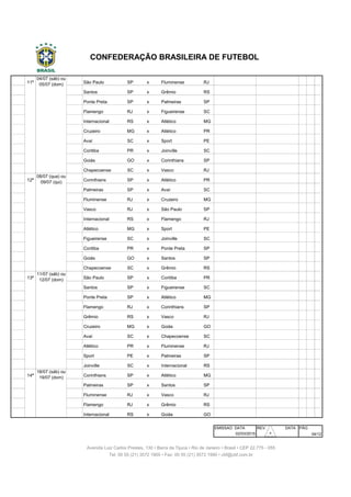 101 11ª São Paulo SP x Fluminense RJ Morumbi São Paulo
102 11ª Santos SP x Grêmio RS Vila Belmiro São Paulo
103 11ª Ponte Preta SP x Palmeiras SP Moisés Lucarelli Campinas
104 11ª Flamengo RJ x Figueirense SC Maracanã Rio de Janeiro
105 11ª Internacional RS x Atlético MG Beira-Rio Porto Alegre
106 11ª Cruzeiro MG x Atlético PR Mineirão Belo Horizonte
107 11ª Avaí SC x Sport PE Ressacada Florianópolis
108 11ª Coritiba PR x Joinville SC Couto Pereira Curitiba
109 11ª Goiás GO x Corinthians SP Serra Dourada Goiânia
110 11ª Chapecoense SC x Vasco RJ Arena Condá Chapecó
111 12ª Corinthians SP x Atlético PR Arena Corinthians São Paulo
112 12ª Palmeiras SP x Avaí SC Allianz Parque São Paulo
113 12ª Fluminense RJ x Cruzeiro MG Maracanã Rio de Janeiro
114 12ª Vasco RJ x São Paulo SP São Januário Rio de Janeiro
115 12ª Internacional RS x Flamengo RJ Beira-Rio Porto Alegre
116 12ª Atlético MG x Sport PE Independência Belo Horizonte
117 12ª Figueirense SC x Joinville SC Orlando Scarpelli Florianópolis
118 12ª Coritiba PR x Ponte Preta SP Couto Pereira Curitiba
119 12ª Goiás GO x Santos SP Serra Dourada Goiânia
120 12ª Chapecoense SC x Grêmio RS Arena Condá Chapecó
121 13ª São Paulo SP x Coritiba PR Morumbi São Paulo
122 13ª Santos SP x Figueirense SC Vila Belmiro São Paulo
123 13ª Ponte Preta SP x Atlético MG Moisés Lucarelli Campinas
124 13ª Flamengo RJ x Corinthians SP Maracanã Rio de Janeiro
125 13ª Grêmio RS x Vasco RJ Arena do Grêmio Porto Alegre
126 13ª Cruzeiro MG x Goiás GO Mineirão Belo Horizonte
127 13ª Avaí SC x Chapecoense SC Ressacada Florianópolis
128 13ª Atlético PR x Fluminense RJ Arena da Baixada Curitiba
129 13ª Sport PE x Palmeiras SP Ilha do Retiro Recife
130 13ª Joinville SC x Internacional RS Arena Joinville Joinville
131 14ª Corinthians SP x Atlético MG Arena Corinthians São Paulo
132 14ª Palmeiras SP x Santos SP Allianz Parque São Paulo
133 14ª Fluminense RJ x Vasco RJ Maracanã Rio de Janeiro
134 14ª Flamengo RJ x Grêmio RS Maracanã Rio de Janeiro
135 14ª Internacional RS x Goiás GO Beira-Rio Porto Alegre
EMISSAO DATA REV. DATA PÁG
02/03/2015
CONFEDERAÇÃO BRASILEIRA DE FUTEBOL
Avenida Luiz Carlos Prestes, 130 • Barra da Tijuca • Rio de Janeiro • Brasil • CEP 22.775 - 055
Tel: 00 55 (21) 3572 1900 • Fax: 00 55 (21) 3572 1990 • cbf@cbf.com.br
04/12
11/07 (sáb) ou
12/07 (dom)
18/07 (sáb) ou
19/07 (dom)
04/07 (sáb) ou
05/07 (dom)
08/07 (qua) ou
09/07 (qui)
30
 