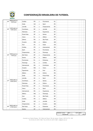 238 24ª Coritiba PR x Fluminense RJ Couto Pereira Curitiba
239 24ª Goiás GO x Sport PE Serra Dourada Goiânia
240 24ª Joinville SC x Chapecoense SC Arena Joinville Joinville
241 25ª Corinthians SP x Joinville SC Arena Corinthians São Paulo
242 25ª Palmeiras SP x Figueirense SC Allianz Parque São Paulo
243 25ª Ponte Preta SP x Santos SP Moisés Lucarelli Campinas
244 25ª Vasco RJ x Atlético PR São Januário Rio de Janeiro
245 25ª Grêmio RS x São Paulo SP Arena do Grêmio Porto Alegre
246 25ª Cruzeiro MG x Atlético MG Mineirão Belo Horizonte
247 25ª Avaí SC x Goiás GO Ressacada Florianópolis
248 25ª Coritiba PR x Internacional RS Couto Pereira Curitiba
249 25ª Sport PE x Fluminense RJ Ilha do Retiro Recife
250 25ª Chapecoense SC x Flamengo RJ Arena Condá Chapecó
251 26ª São Paulo SP x Chapecoense SC Morumbi São Paulo
252 26ª Santos SP x Atlético MG Vila Belmiro São Paulo
253 26ª Fluminense RJ x Palmeiras SP Maracanã Rio de Janeiro
254 26ª Flamengo RJ x Coritiba PR Maracanã Rio de Janeiro
255 26ª Internacional RS x Corinthians SP Beira-Rio Porto Alegre
256 26ª Cruzeiro MG x Vasco RJ Mineirão Belo Horizonte
257 26ª Figueirense SC x Avaí SC Orlando Scarpelli Florianópolis
258 26ª Atlético PR x Grêmio RS Arena da Baixada Curitiba
259 26ª Goiás GO x Ponte Preta SP Serra Dourada Goiânia
260 26ª Joinville SC x Sport PE Arena Joinville Joinville
261 27ª Corinthians SP x Santos SP Arena Corinthians São Paulo
262 27ª Palmeiras SP x Grêmio RS Allianz Parque São Paulo
263 27ª Ponte Preta SP x Fluminense RJ Moisés Lucarelli Campinas
264 27ª Vasco RJ x Sport PE São Januário Rio de Janeiro
265 27ª Internacional RS x Figueirense SC Beira-Rio Porto Alegre
266 27ª Atlético MG x Flamengo RJ Independência Belo Horizonte
267 27ª Avaí SC x São Paulo SP Ressacada Florianópolis
268 27ª Coritiba PR x Atlético PR Couto Pereira Curitiba
269 27ª Goiás GO x Joinville SC Serra Dourada Goiânia
270 27ª Chapecoense SC x Cruzeiro MG Arena Condá Chapecó
271 28ª São Paulo SP x Palmeiras SP Morumbi São Paulo
272 28ª Santos SP x Internacional RS Vila Belmiro São Paulo
EMISSAO DATA REV. DATA PÁG
02/03/2015
26/09 (sáb) ou
27/09 (dom)
CONFEDERAÇÃO BRASILEIRA DE FUTEBOL
08/12
Avenida Luiz Carlos Prestes, 130 • Barra da Tijuca • Rio de Janeiro • Brasil • CEP 22.775 - 055
Tel: 00 55 (21) 3572 1900 • Fax: 00 55 (21) 3572 1990 • cbf@cbf.com.br
12/09 (sáb) ou
13/09 (dom)
16/09 (qua) ou
17/09 (qui)
19/09 (sáb) ou
20/09 (dom)
09/09 (qua) ou
10/09 (qui)
30
 