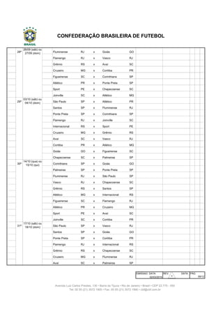 273 28ª Fluminense RJ x Goiás GO Maracanã Rio de Janeiro
274 28ª Flamengo RJ x Vasco RJ Maracanã Rio de Janeiro
275 28ª Grêmio RS x Avaí SC Arena do Grêmio Porto Alegre
276 28ª Cruzeiro MG x Coritiba PR Mineirão Belo Horizonte
277 28ª Figueirense SC x Corinthians SP Orlando Scarpelli Florianópolis
278 28ª Atlético PR x Ponte Preta SP Arena da Baixada Curitiba
279 28ª Sport PE x Chapecoense SC Ilha do Retiro Recife
280 28ª Joinville SC x Atlético MG Arena Joinville Joinville
281 29ª São Paulo SP x Atlético PR Morumbi São Paulo
282 29ª Santos SP x Fluminense RJ Vila Belmiro São Paulo
283 29ª Ponte Preta SP x Corinthians SP Moisés Lucarelli Campinas
284 29ª Flamengo RJ x Joinville SC Maracanã Rio de Janeiro
285 29ª Internacional RS x Sport PE Beira-Rio Porto Alegre
286 29ª Cruzeiro MG x Grêmio RS Mineirão Belo Horizonte
287 29ª Avaí SC x Vasco RJ Ressacada Florianópolis
288 29ª Coritiba PR x Atlético MG Couto Pereira Curitiba
289 29ª Goiás GO x Figueirense SC Serra Dourada Goiânia
290 29ª Chapecoense SC x Palmeiras SP Arena Condá Chapecó
291 30ª Corinthians SP x Goiás GO Arena Corinthians São Paulo
292 30ª Palmeiras SP x Ponte Preta SP Allianz Parque São Paulo
293 30ª Fluminense RJ x São Paulo SP Maracanã Rio de Janeiro
294 30ª Vasco RJ x Chapecoense SC São Januário Rio de Janeiro
295 30ª Grêmio RS x Santos SP Arena do Grêmio Porto Alegre
296 30ª Atlético MG x Internacional RS Independência Belo Horizonte
297 30ª Figueirense SC x Flamengo RJ Orlando Scarpelli Florianópolis
298 30ª Atlético PR x Cruzeiro MG Arena da Baixada Curitiba
299 30ª Sport PE x Avaí SC Ilha do Retiro Recife
300 30ª Joinville SC x Coritiba PR Arena Joinville Joinville
301 31ª São Paulo SP x Vasco RJ Morumbi São Paulo
302 31ª Santos SP x Goiás GO Vila Belmiro São Paulo
303 31ª Ponte Preta SP x Coritiba PR Moisés Lucarelli Campinas
304 31ª Flamengo RJ x Internacional RS Maracanã Rio de Janeiro
305 31ª Grêmio RS x Chapecoense SC Arena do Grêmio Porto Alegre
306 31ª Cruzeiro MG x Fluminense RJ Mineirão Belo Horizonte
307 31ª Avaí SC x Palmeiras SP Ressacada Florianópolis
EMISSAO DATA REV. DATA PÁG
02/03/2015
CONFEDERAÇÃO BRASILEIRA DE FUTEBOL
26/09 (sáb) ou
27/09 (dom)
17/10 (sáb) ou
18/10 (dom)
Tel: 00 55 (21) 3572 1900 • Fax: 00 55 (21) 3572 1990 • cbf@cbf.com.br
09/12
14/10 (qua) ou
15/10 (qui)
Avenida Luiz Carlos Prestes, 130 • Barra da Tijuca • Rio de Janeiro • Brasil • CEP 22.775 - 055
03/10 (sáb) ou
04/10 (dom)
30
 