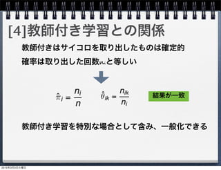 [4]教師付き学習との関係
教師付きはサイコロを取り出したものは確定的
確率は取り出した回数niと等しい
教師付き学習を特別な場合として含み、一般化できる
結果が一致
2015年3月3日火曜日
 