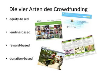 Die vier Arten des Crowdfunding
• equity-based
• lending-based
• reward-based
• donation-based
 