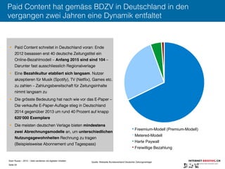 Sven Ruoss – 2015 – Geld verdienen mit digitalen Inhalten 
Seite 20"
Paid Content hat gemäss BDZV in Deutschland in den
vergangen zwei Jahren eine Dynamik entfaltet
§  Paid Content schreitet in Deutschland voran: Ende
2012 besassen erst 40 deutsche Zeitungstitel ein
Online-Bezahlmodell – Anfang 2015 sind sind 104 –
Darunter fast ausschliesslich Regionalverlage
§  Eine Bezahlkultur etabliert sich langsam. Nutzer
akzeptieren für Musik (Spotify), TV (Netﬂix), Games etc.
zu zahlen – Zahlungsbereitschaft für Zeitungsinhalte
nimmt langsam zu
§  Die grösste Bedeutung hat nach wie vor das E-Paper –
Die verkaufte E-Paper-Auﬂage stieg in Deutschland
2014 gegenüber 2013 um rund 40 Prozent auf knapp
620‘000 Exemplare !
§  Die meisten deutschen Verlage bieten mindestens
zwei Abrechnungsmodelle an, um unterschiedlichen
Nutzungsgewohnheiten Rechnung zu tragen
(Beispielsweise Abonnement und Tagespass)
Quelle: Webseite Bundesverband Deutscher Zeitungsverleger
Freemium-Modell (Premium-Modell)
Metered-Modell
Harte Paywall
Freiwillige Bezahlung
 