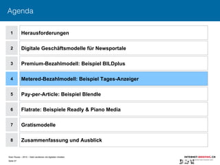 Sven Ruoss – 2015 – Geld verdienen mit digitalen Inhalten 
Seite 27"
Agenda
1
2
4
5
6
7
Herausforderungen
Digitale Geschäftsmodelle für Newsportale
Metered-Bezahlmodell: Beispiel Tages-Anzeiger
Pay-per-Article: Beispiel Blendle
Flatrate: Beispiele Readly & Piano Media
Gratismodelle
8 Zusammenfassung und Ausblick
3 Premium-Bezahlmodell: Beispiel BILDplus
 