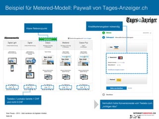 Sven Ruoss – 2015 – Geld verdienen mit digitalen Inhalten 
Seite 28"
Beispiel für Metered-Modell: Paywall von Tages-Anzeiger.ch
Kreditkartenangaben notwendig
Testabo / Lockabo bereits 1 CHF
und nicht 0 CHF
Klarer Referenzpunkt
Vermutlich hohe Konversionsrate vom Testabo zum
„richtigen Abo“
 