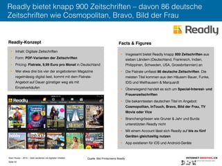 Sven Ruoss – 2015 – Geld verdienen mit digitalen Inhalten 
Seite 42"
Readly bietet knapp 900 Zeitschriften – davon 86 deutsche
Zeitschriften wie Cosmopolitan, Bravo, Bild der Frau
§  Inhalt: Digitale Zeitschriften
§  Form: PDF-Varianten der Zeitschriften !
§  Pricing: Flatrate, 9,99 Euro pro Monat in Deutschland
§  Wer etwa drei bis vier der angebotenen Magazine
regelmässig digital liest, kommt mit dem Flatrate-
Angebot auf Dauer günstiger weg als mit
Einzelverkäufen
§  Insgesamt bietet Readly knapp 900 Zeitschriften aus
sieben Ländern (Deutschland, Frankreich, Indien,
Philippinen, Schweden, USA, Grossbritannien) an
§  Die Flatrate umfasst 86 deutsche Zeitschriften. Die
meisten Titel kommen aus den Häusern Bauer, Funke,
IDG und Wellhausern & Marquardt
§  Überwiegend handelt es sich um Special-Interest- und
Frauenzeitschriften!
§  Die bekanntesten deutschen Titel im Angebot:
Cosmopolitan, InTouch, Bravo, Bild der Frau, TV
Movie oder Vice!
§  Branchengrössen wie Gruner & Jahr und Burda
unterstützten Readly nicht
§  Mit einem Account lässt sich Readly auf bis zu fünf
Geräten gleichzeitig nutzen!
§  App existieren für iOS und Android-Geräte
Readly-Konzept! Facts & Figures !
Quelle: Bild Printscreens Readly
 