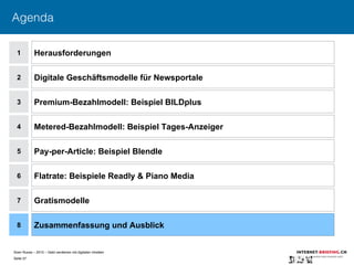 Sven Ruoss – 2015 – Geld verdienen mit digitalen Inhalten 
Seite 57"
Agenda
1
2
4
5
6
7
Herausforderungen
Digitale Geschäftsmodelle für Newsportale
Metered-Bezahlmodell: Beispiel Tages-Anzeiger
Pay-per-Article: Beispiel Blendle
Flatrate: Beispiele Readly & Piano Media
Gratismodelle
8 Zusammenfassung und Ausblick
3 Premium-Bezahlmodell: Beispiel BILDplus
 