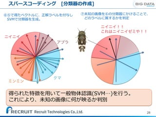 スパースコーディング [分類器の作成]
28
得られた特徴を用いて一般物体認識(SVM…)を行う。
これにより、未知の画像に何が映るか判別
⑥⑤で得たベクトルに、正解ラベルを付与し
SVMで分類器を生成。
⑦未知の画像を⑥の分類器にかけることで、
どのラベルに属するかを判定
 