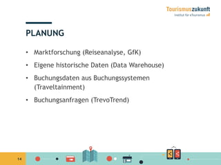 14
PLANUNG
•  Marktforschung (Reiseanalyse, GfK)
•  Eigene historische Daten (Data Warehouse)
•  Buchungsdaten aus Buchungssystemen
(Traveltainment)
•  Buchungsanfragen (TrevoTrend)
 
