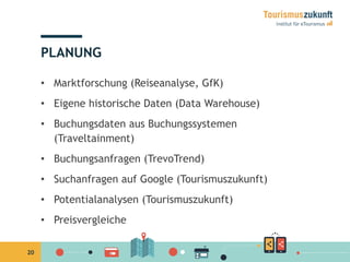 20
PLANUNG
•  Marktforschung (Reiseanalyse, GfK)
•  Eigene historische Daten (Data Warehouse)
•  Buchungsdaten aus Buchungssystemen
(Traveltainment)
•  Buchungsanfragen (TrevoTrend)
•  Suchanfragen auf Google (Tourismuszukunft)
•  Potentialanalysen (Tourismuszukunft)
•  Preisvergleiche
 
