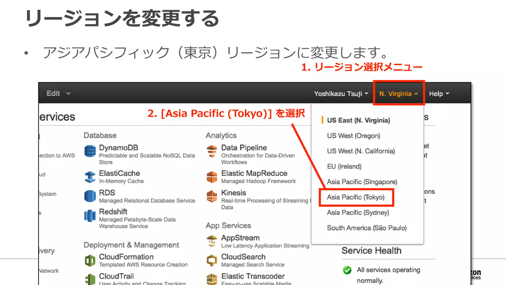 リージョンを変更する
• アジアパシフィック（東京）リージョンに変更します。
2. [Asia Pacific (Tokyo)] を選択
1. リージョン選択メニュー
 