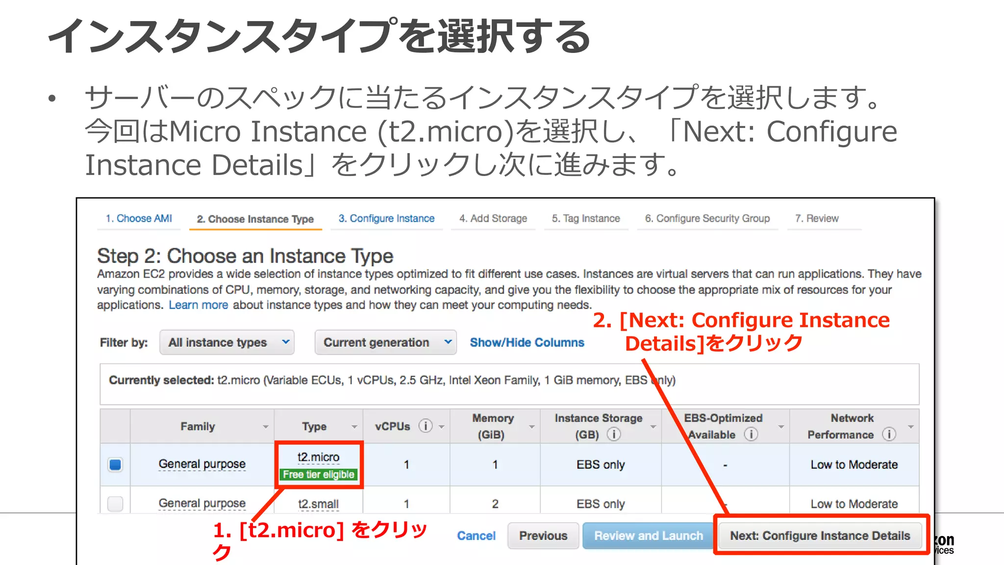 インスタンスタイプを選択する
• サーバーのスペックに当たるインスタンスタイプを選択します。
今回はMicro Instance (t2.micro)を選択し、「Next: Configure
Instance Details」をクリックし次に進みます。
1. [t2.micro] をクリッ
ク
2. [Next: Configure Instance
Details]をクリック
 