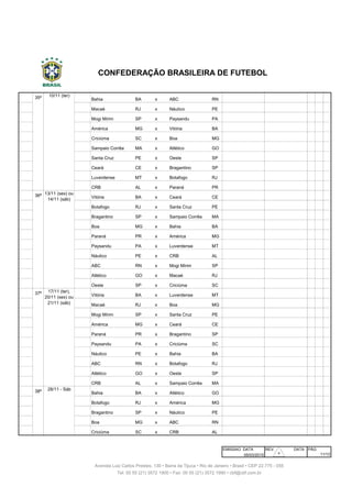 341 35ª Bahia BA x ABC RN Fonte Nova Salvador
342 35ª Macaé RJ x Náutico PE Cláudio Moacyr Macaé
343 35ª Mogi Mirim SP x Paysandu PA Romildo Ferreira Mogi Mirim
344 35ª América MG x Vitória BA Independência Belo Horizonte
345 35ª Criciúma SC x Boa MG Heriberto Hulse Criciúma
346 35ª Sampaio Corrêa MA x Atlético GO Castelão São Luís
347 35ª Santa Cruz PE x Oeste SP Arruda Recife
348 35ª Ceará CE x Bragantino SP Castelão Fortaleza
349 35ª Luverdense MT x Botafogo RJ Passo das Emas Lucas do R. Verde
350 35ª CRB AL x Paraná PR Rei Pelé Maceió
351 36ª Vitória BA x Ceará CE Manoel Barradas Salvador
352 36ª Botafogo RJ x Santa Cruz PE Engenhão Rio de Janeiro
353 36ª Bragantino SP x Sampaio Corrêa MA Nabi Abi Chedid Bragança Paulista
354 36ª Boa MG x Bahia BA Dilzon Melo Varginha
355 36ª Paraná PR x América MG Durival Britto Curitiba
356 36ª Paysandu PA x Luverdense MT Mangueirão Belém
357 36ª Náutico PE x CRB AL Arena Pernambuco S. Lourenço da Mata
358 36ª ABC RN x Mogi Mirim SP Frasqueirão Natal
359 36ª Atlético GO x Macaé RJ Serra Dourada Goiânia
360 36ª Oeste SP x Criciúma SC Amaros Itápolis
361 37ª Vitória BA x Luverdense MT Manoel Barradas Salvador
362 37ª Macaé RJ x Boa MG Cláudio Moacyr Macaé
363 37ª Mogi Mirim SP x Santa Cruz PE Romildo Ferreira Mogi Mirim
364 37ª América MG x Ceará CE Independência Belo Horizonte
365 37ª Paraná PR x Bragantino SP Durival Britto Curitiba
366 37ª Paysandu PA x Criciúma SC Mangueirão Belém
367 37ª Náutico PE x Bahia BA Arena Pernambuco S. Lourenço da Mata
368 37ª ABC RN x Botafogo RJ Frasqueirão Natal
369 37ª Atlético GO x Oeste SP Serra Dourada Goiânia
370 37ª CRB AL x Sampaio Corrêa MA Rei Pelé Maceió
371 38ª Bahia BA x Atlético GO Fonte Nova Salvador
372 38ª Botafogo RJ x América MG Engenhão Rio de Janeiro
373 38ª Bragantino SP x Náutico PE Nabi Abi Chedid Bragança Paulista
374 38ª Boa MG x ABC RN Dilzon Melo Varginha
375 38ª Criciúma SC x CRB AL Heriberto Hulse Criciúma
EMISSAO DATA REV. DATA
05/03/2015
13/11 (sex) ou
14/11 (sáb)
PÁG
10/11 (ter)
11/12
Avenida Luiz Carlos Prestes, 130 • Barra da Tijuca • Rio de Janeiro • Brasil • CEP 22.775 - 055
Tel: 00 55 (21) 3572 1900 • Fax: 00 55 (21) 3572 1990 • cbf@cbf.com.br
28/11 - Sáb
17/11 (ter),
20/11 (sex) ou
21/11 (sáb)
CONFEDERAÇÃO BRASILEIRA DE FUTEBOL
30
 