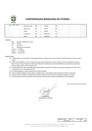 376 38ª Sampaio Corrêa MA x Paraná PR Castelão São Luís
377 38ª Santa Cruz PE x Vitória BA Arruda Recife
378 38ª Ceará CE x Macaé RJ Castelão Fortaleza
379 38ª Luverdense MT x Mogi Mirim SP Passo das Emas Lucas do R. Verde
380 38ª Oeste SP x Paysandu PA Amaros Itápolis
REF - Número de Referência do Jogo
ROD - Rodada
I/V - Ida e Volta
TV - Indicação de Transmissão
1)
2)
3)
4)
5)
6)
7)
Rio de Janeiro, 05 de março de 2015
EMISSAO DATA REV. DATA PÁG
05/03/2015 12/12
Todos os estádios designados estão sujeitos a inspeção prévia, o que poderá acarretar mudanças de locais, se necessário.
Coluna 3 - Pay-per-view
OBSERVAÇÕES
A Tabela Básica não corresponde a programação definitiva dos jogos quanto a dias e horários, informando apenas os jogos de cada
rodada.
A partir da Tabela Básica a TV faz a escolha dos jogos a serem distribuídos nos dias e horários usuais da competição (no caso da
Série B, terças, sextas e sábados). A tabela assim elaborada é identificada como Tabela Detalhada que representa a programação
oficial dos jogos quanto a dias, horários e locais.
O desdobramento dos jogos é estabelecido pela Rede Globo de Televisão, em função da sua grade programação (TV Globo, Sportv
e Premiere FC) com a concordância da CBF.
Na Tabela Detalhada os horários referem-se ao Horário de Brasília.
LEGENDA
Coluna 1 - TV Aberta
Coluna 2 - TV Fechada
Quaisquer estádios poderão ser substituídos na hipótese da falta dos laudos técnicos exigidos pelo Estatuto do Torcedor.
28/11 - Sáb
Avenida Luiz Carlos Prestes, 130 • Barra da Tijuca • Rio de Janeiro • Brasil • CEP 22.775 - 055
Tel: 00 55 (21) 3572 1900 • Fax: 00 55 (21) 3572 1990 • cbf@cbf.com.br
CONFEDERAÇÃO BRASILEIRA DE FUTEBOL
Manoel Flores
Diretoria de Competições
Os cumprimentos de pena de perda de mando de campo serão informados quando da publicação da Tabela Detalhada.
30
 