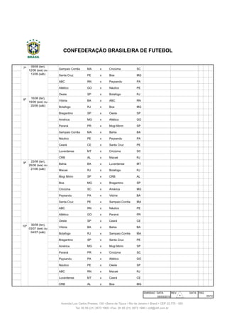 066 7ª Sampaio Corrêa MA x Criciúma SC Castelão São Luís
067 7ª Santa Cruz PE x Boa MG Arruda Recife
068 7ª ABC RN x Paysandu PA Frasqueirão Natal
069 7ª Atlético GO x Náutico PE Serra Dourada Goiânia
070 7ª Oeste SP x Botafogo RJ Amaros Itápolis
071 8ª Vitória BA x ABC RN Manoel Barradas Salvador
072 8ª Botafogo RJ x Boa MG Engenhão Rio de Janeiro
073 8ª Bragantino SP x Oeste SP Nabi Abi Chedid Bragança Paulista
074 8ª América MG x Atlético GO Independência Belo Horizonte
075 8ª Paraná PR x Mogi Mirim SP Durival Britto Curitiba
076 8ª Sampaio Corrêa MA x Bahia BA Castelão São Luís
077 8ª Náutico PE x Paysandu PA Arena Pernambuco S. Lourenço da Mata
078 8ª Ceará CE x Santa Cruz PE Castelão Fortaleza
079 8ª Luverdense MT x Criciúma SC Passo das Emas Lucas do R. Verde
080 8ª CRB AL x Macaé RJ Rei Pelé Maceió
081 9ª Bahia BA x Luverdense MT Fonte Nova Salvador
082 9ª Macaé RJ x Botafogo RJ Cláudio Moacyr Macaé
083 9ª Mogi Mirim SP x CRB AL Romildo Ferreira Mogi Mirim
084 9ª Boa MG x Bragantino SP Dilzon Melo Varginha
085 9ª Criciúma SC x América MG Heriberto Hulse Criciúma
086 9ª Paysandu PA x Vitória BA Mangueirão Belém
087 9ª Santa Cruz PE x Sampaio Corrêa MA Arruda Recife
088 9ª ABC RN x Náutico PE Frasqueirão Natal
089 9ª Atlético GO x Paraná PR Serra Dourada Goiânia
090 9ª Oeste SP x Ceará CE Amaros Itápolis
091 10ª Vitória BA x Bahia BA Manoel Barradas Salvador
092 10ª Botafogo RJ x Sampaio Corrêa MA Engenhão Rio de Janeiro
093 10ª Bragantino SP x Santa Cruz PE Nabi Abi Chedid Bragança Paulista
094 10ª América MG x Mogi Mirim SP Independência Belo Horizonte
095 10ª Paraná PR x Criciúma SC Durival Britto Curitiba
096 10ª Paysandu PA x Atlético GO Mangueirão Belém
097 10ª Náutico PE x Oeste SP Arena Pernambuco S. Lourenço da Mata
098 10ª ABC RN x Macaé RJ Frasqueirão Natal
099 10ª Luverdense MT x Ceará CE Passo das Emas Lucas do R. Verde
100 10ª CRB AL x Boa MG Rei Pelé Maceió
EMISSAO DATA REV. DATA PÁG
05/03/2015 03/12
30/06 (ter),
03/07 (sex) ou
04/07 (sáb)
09/06 (ter),
12/06 (sex) ou
13/06 (sáb)
16/06 (ter),
19/06 (sex) ou
20/06 (sáb)
23/06 (ter),
26/06 (sex) ou
27/06 (sáb)
Avenida Luiz Carlos Prestes, 130 • Barra da Tijuca • Rio de Janeiro • Brasil • CEP 22.775 - 055
Tel: 00 55 (21) 3572 1900 • Fax: 00 55 (21) 3572 1990 • cbf@cbf.com.br
CONFEDERAÇÃO BRASILEIRA DE FUTEBOL
30
 