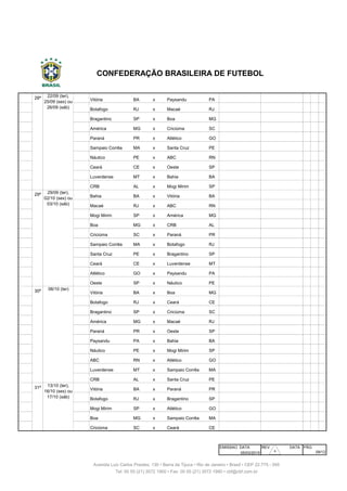 271 28ª Vitória BA x Paysandu PA Manoel Barradas Salvador
272 28ª Botafogo RJ x Macaé RJ Engenhão Rio de Janeiro
273 28ª Bragantino SP x Boa MG Nabi Abi Chedid Bragança Paulista
274 28ª América MG x Criciúma SC Independência Belo Horizonte
275 28ª Paraná PR x Atlético GO Durival Britto Curitiba
276 28ª Sampaio Corrêa MA x Santa Cruz PE Castelão São Luís
277 28ª Náutico PE x ABC RN Arena Pernambuco S. Lourenço da Mata
278 28ª Ceará CE x Oeste SP Castelão Fortaleza
279 28ª Luverdense MT x Bahia BA Passo das Emas Lucas do R. Verde
280 28ª CRB AL x Mogi Mirim SP Rei Pelé Maceió
281 29ª Bahia BA x Vitória BA Fonte Nova Salvador
282 29ª Macaé RJ x ABC RN Cláudio Moacyr Macaé
283 29ª Mogi Mirim SP x América MG Romildo Ferreira Mogi Mirim
284 29ª Boa MG x CRB AL Dilzon Melo Varginha
285 29ª Criciúma SC x Paraná PR Heriberto Hulse Criciúma
286 29ª Sampaio Corrêa MA x Botafogo RJ Castelão São Luís
287 29ª Santa Cruz PE x Bragantino SP Arruda Recife
288 29ª Ceará CE x Luverdense MT Castelão Fortaleza
289 29ª Atlético GO x Paysandu PA Serra Dourada Goiânia
290 29ª Oeste SP x Náutico PE Amaros Itápolis
291 30ª Vitória BA x Boa MG Manoel Barradas Salvador
292 30ª Botafogo RJ x Ceará CE Engenhão Rio de Janeiro
293 30ª Bragantino SP x Criciúma SC Nabi Abi Chedid Bragança Paulista
294 30ª América MG x Macaé RJ Independência Belo Horizonte
295 30ª Paraná PR x Oeste SP Durival Britto Curitiba
296 30ª Paysandu PA x Bahia BA Mangueirão Belém
297 30ª Náutico PE x Mogi Mirim SP Arena Pernambuco S. Lourenço da Mata
298 30ª ABC RN x Atlético GO Frasqueirão Natal
299 30ª Luverdense MT x Sampaio Corrêa MA Passo das Emas Lucas do R. Verde
300 30ª CRB AL x Santa Cruz PE Rei Pelé Maceió
301 31ª Vitória BA x Paraná PR Manoel Barradas Salvador
302 31ª Botafogo RJ x Bragantino SP Engenhão Rio de Janeiro
303 31ª Mogi Mirim SP x Atlético GO Romildo Ferreira Mogi Mirim
304 31ª Boa MG x Sampaio Corrêa MA Dilzon Melo Varginha
305 31ª Criciúma SC x Ceará CE Heriberto Hulse Criciúma
EMISSAO DATA REV. DATA PÁG
05/03/2015
CONFEDERAÇÃO BRASILEIRA DE FUTEBOL
09/12
22/09 (ter),
25/09 (sex) ou
26/09 (sáb)
29/09 (ter),
02/10 (sex) ou
03/10 (sáb)
Avenida Luiz Carlos Prestes, 130 • Barra da Tijuca • Rio de Janeiro • Brasil • CEP 22.775 - 055
Tel: 00 55 (21) 3572 1900 • Fax: 00 55 (21) 3572 1990 • cbf@cbf.com.br
13/10 (ter),
16/10 (sex) ou
17/10 (sáb)
06/10 (ter)
30
 