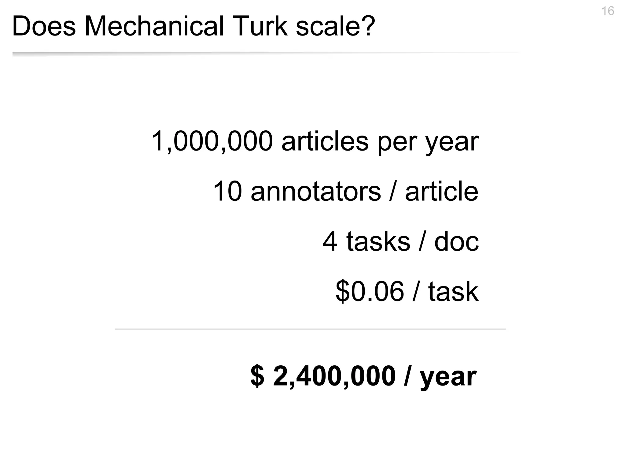 Does Mechanical Turk scale?
16
1,000,000 articles per year
10 annotators / article
4 tasks / doc
$0.06 / task
$ 2,400,000 / year
 