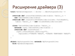 Расширение драйвера (3)
45
trait MyTableComponent { driver : JdbcPostgresDriver =>
override def createTableDDLBuilder(table: Table[_]) =
new TableDDLBuilder(table)
override def createColumnDDLBuilder(column: FieldSymbol,
table: Table[_]) = new ColumnDDLBuilder(column)
class TableDDLBuilder(table: Table[_])
extends super.TableDDLBuilder(table) {
override def createPhase1 =
super.createPhase1.mkString("").
replaceAll("CREATE TABLE", "CREATE TEMPORARY TABLE")
}
}
object MyPostgresDriver extends MyPostgresDriver
with MyTableComponent
 