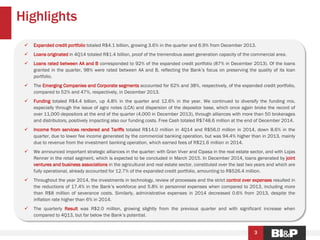 Highlights
3
 Expanded credit portfolio totaled R$4.1 billion, growing 3.6% in the quarter and 6.9% from December 2013.
 Loans originated in 4Q14 totaled R$1.4 billion, proof of the tremendous asset generation capacity of the commercial area.
 Loans rated between AA and B corresponded to 92% of the expanded credit portfolio (87% in December 2013). Of the loans
granted in the quarter, 98% were rated between AA and B, reflecting the Bank’s focus on preserving the quality of its loan
portfolio.
 The Emerging Companies and Corporate segments accounted for 62% and 38%, respectively, of the expanded credit portfolio,
compared to 52% and 47%, respectively, in December 2013.
 Funding totaled R$4.4 billion, up 4.8% in the quarter and 12.6% in the year. We continued to diversify the funding mix,
especially through the issue of agro notes (LCA) and dispersion of the depositor base, which once again broke the record of
over 11,000 depositors at the end of the quarter (4,000 in December 2013), through alliances with more than 50 brokerages
and distributors, positively impacting also our funding costs. Free Cash totaled R$748.6 million at the end of December 2014.
 Income from services rendered and Tariffs totaled R$14.0 million in 4Q14 and R$56.0 million in 2014, down 8.6% in the
quarter, due to lower fee income generated by the commercial banking operation, but was 94.4% higher than in 2013, mainly
due to revenue from the investment banking operation, which earned fees of R$21.6 million in 2014.
 We announced important strategic alliances in the quarter: with Gran Viver and Cipasa in the real estate sector, and with Lojas
Renner in the retail segment, which is expected to be concluded in March 2015. In December 2014, loans generated by joint
ventures and business associations in the agricultural and real estate sector, constituted over the last two years and which are
fully operational, already accounted for 12.7% of the expanded credit portfolio, amounting to R$526.4 million.
 Throughout the year 2014, the investments in technology, review of processes and the strict control over expenses resulted in
the reductions of 17.4% in the Bank’s workforce and 5.8% in personnel expenses when compared to 2013, including more
than R$8 million of severance costs. Similarly, administrative expenses in 2014 decreased 0.6% from 2013, despite the
inflation rate higher than 6% in 2014.
 The quarterly Result was R$2.0 million, growing slightly from the previous quarter and with significant increase when
compared to 4Q13, but far below the Bank’s potential.
 